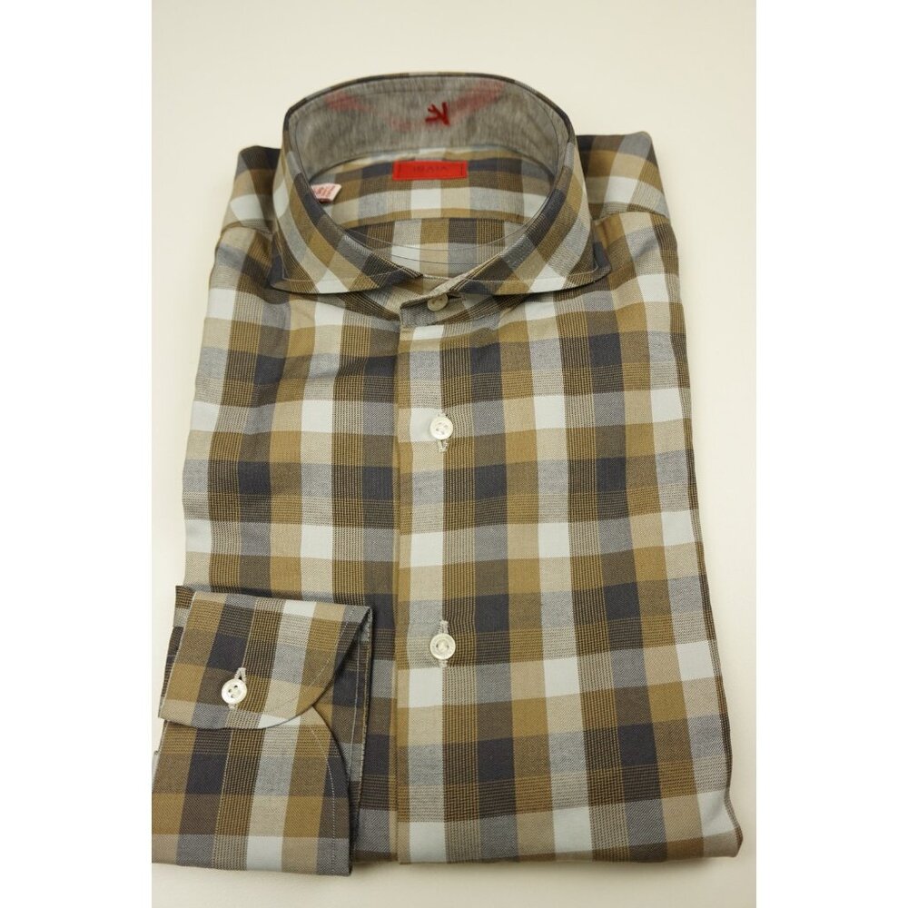 Isaia Carmel Blue Big Plaid Long Sleeve Cotton Dress Shirt 15.5/39 NEW